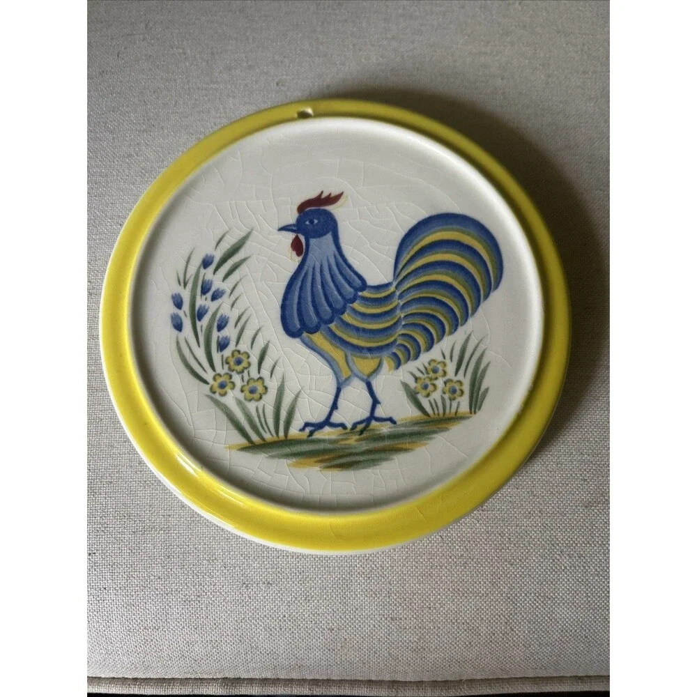 Vintage Mann Japan PROVINCIAL Rooster Trivet Hand Painted Ceramic Farmhouse